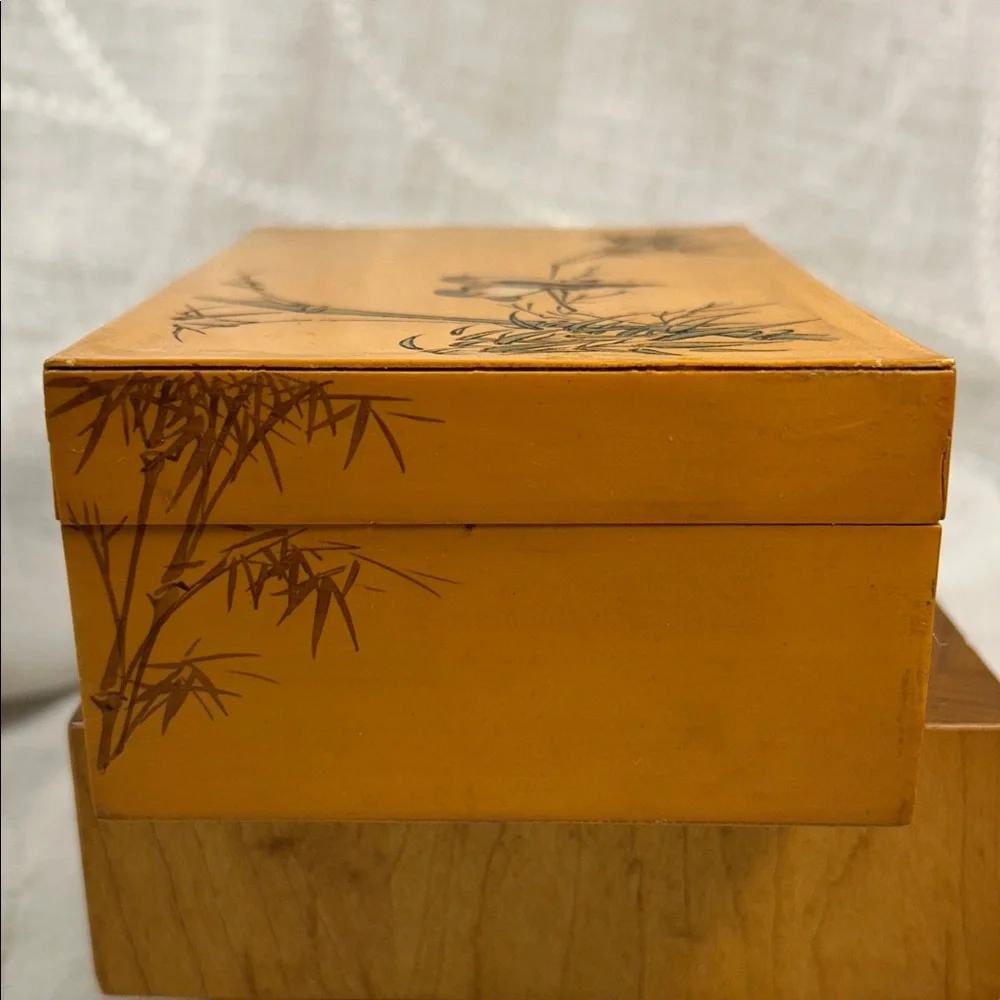 Vintage Jewelry wooden box with bamboo and birds hand painted